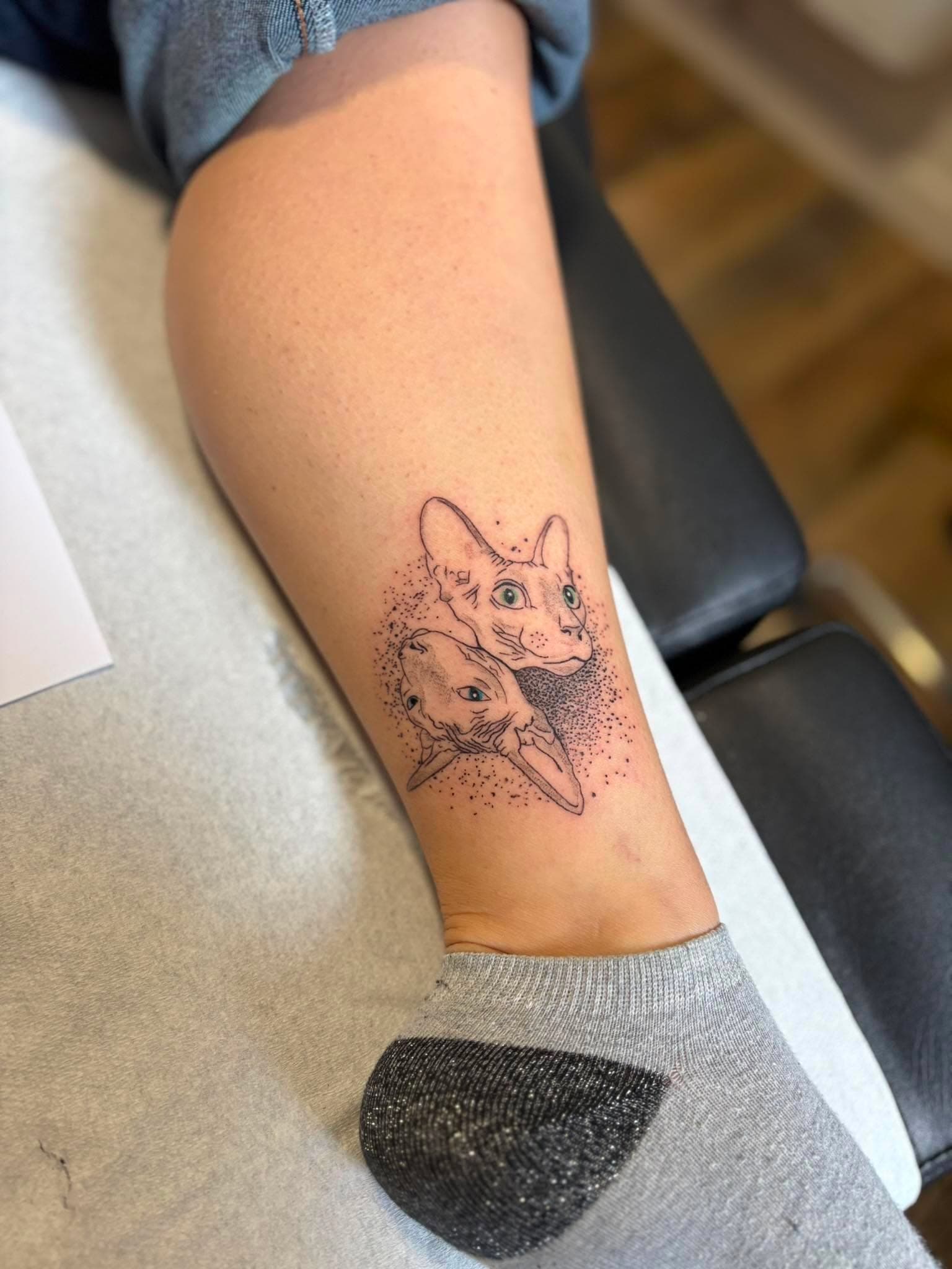 Tatouage fine line : deux têtes de chats Sphynx en composition circulaire sur la cheville
