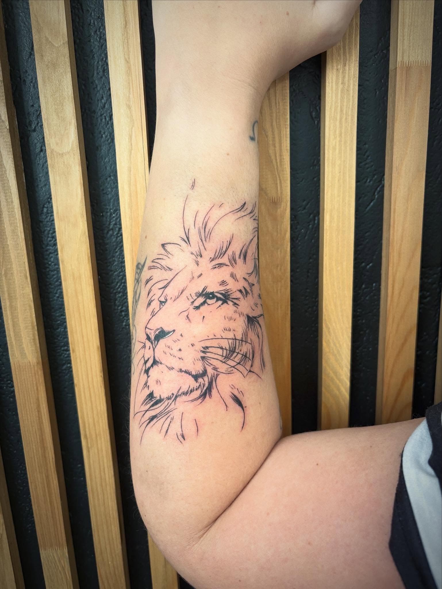 Tatouage fine line : tête de lion en profil sur l’avant-bras